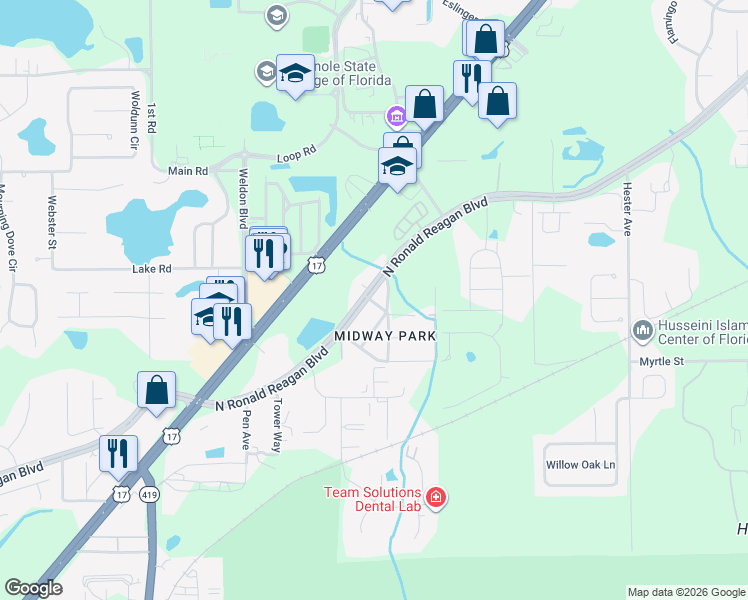 map of restaurants, bars, coffee shops, grocery stores, and more near 2896 Avalona Drive in Sanford