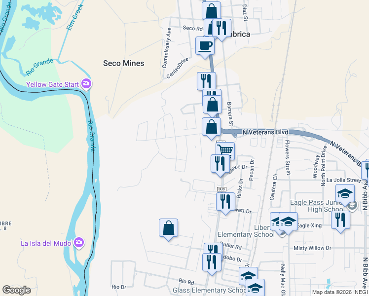 map of restaurants, bars, coffee shops, grocery stores, and more near 2237 Apple Wood Street in Eagle Pass