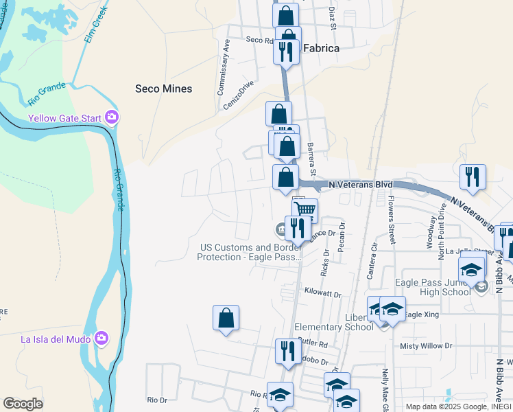 map of restaurants, bars, coffee shops, grocery stores, and more near 2236 Apple Wood Street in Eagle Pass