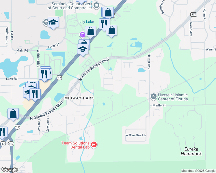 map of restaurants, bars, coffee shops, grocery stores, and more near 2623 Pinyonpine Lane in Sanford