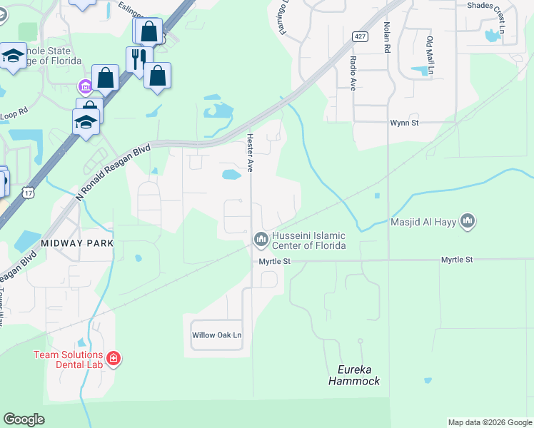 map of restaurants, bars, coffee shops, grocery stores, and more near 1880 Hidden Creek Place in Sanford