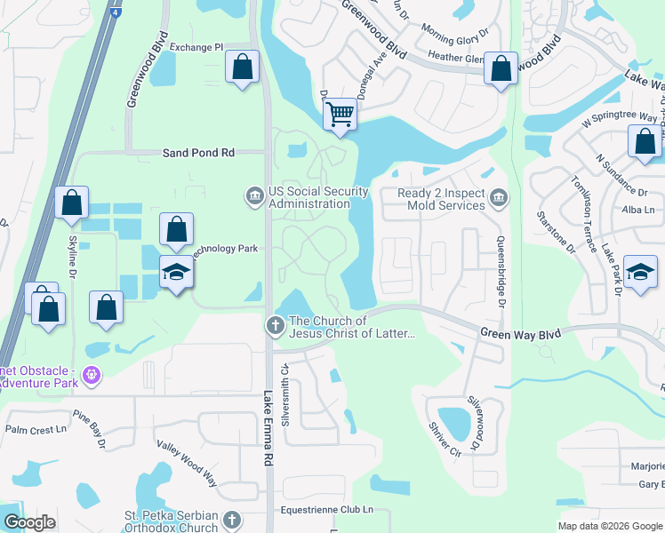 map of restaurants, bars, coffee shops, grocery stores, and more near 2549 Grassy Point Drive in Lake Mary