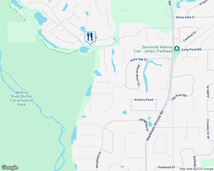 map of restaurants, bars, coffee shops, grocery stores, and more near 2725 Deer Berry Court in Longwood