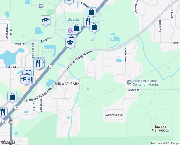 map of restaurants, bars, coffee shops, grocery stores, and more near 5010 Thomas Stable Road in Sanford