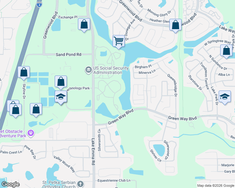 map of restaurants, bars, coffee shops, grocery stores, and more near 2549 Grassy Point Drive in Lake Mary