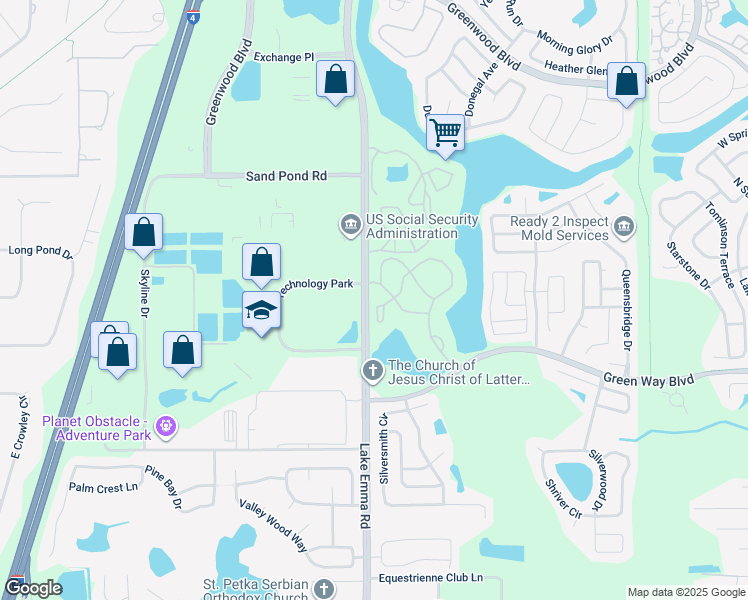map of restaurants, bars, coffee shops, grocery stores, and more near 2605 Grassy Point Drive in Lake Mary
