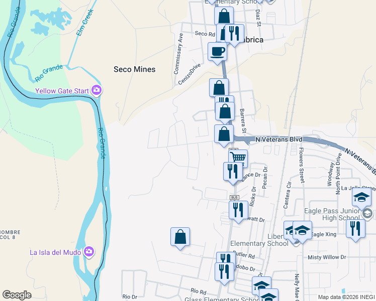 map of restaurants, bars, coffee shops, grocery stores, and more near 2237 Apple Wood Street in Eagle Pass