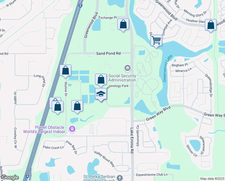 map of restaurants, bars, coffee shops, grocery stores, and more near 255 Technology Park in Lake Mary