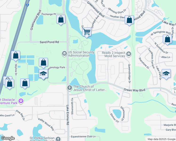 map of restaurants, bars, coffee shops, grocery stores, and more near 2549 Grassy Point Drive in Lake Mary