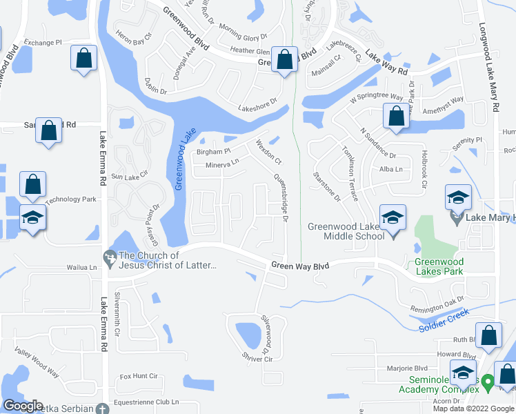 map of restaurants, bars, coffee shops, grocery stores, and more near 585 Whittingham Place in Lake Mary