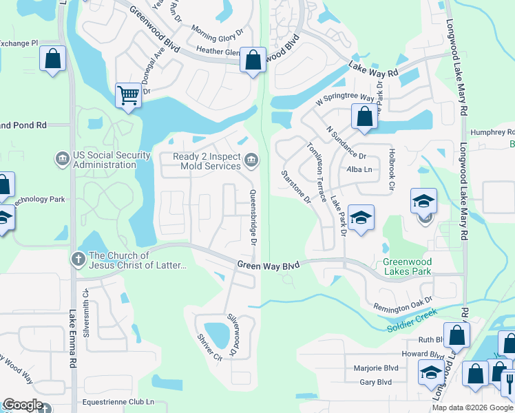 map of restaurants, bars, coffee shops, grocery stores, and more near 587 Queensbridge Drive in Lake Mary