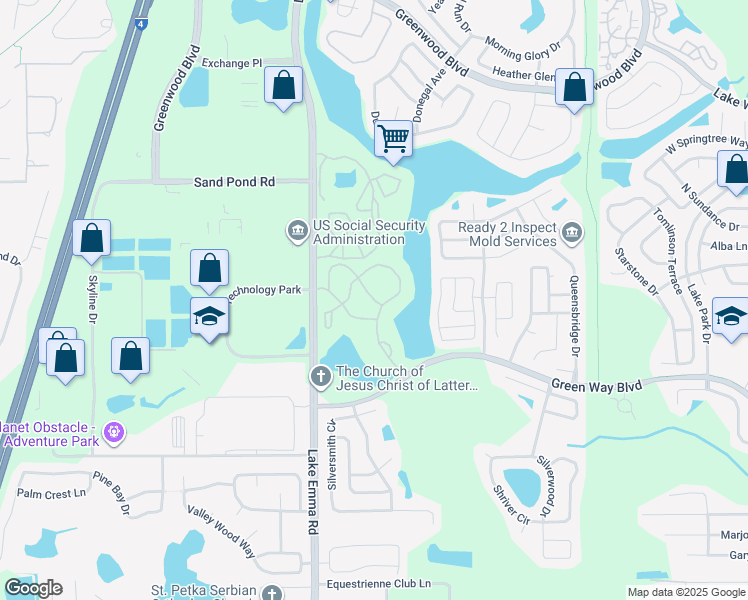 map of restaurants, bars, coffee shops, grocery stores, and more near 2549 Grassy Point Drive in Lake Mary