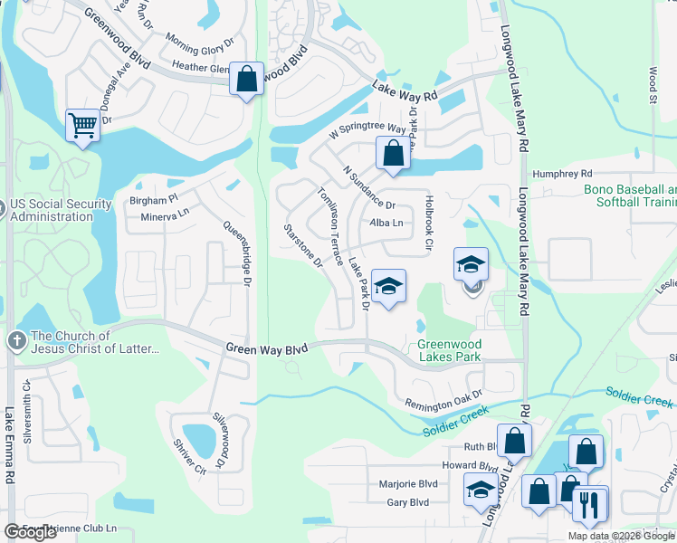 map of restaurants, bars, coffee shops, grocery stores, and more near 783 Tomlinson Terrace in Lake Mary