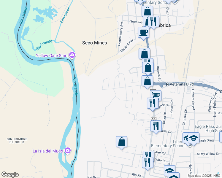 map of restaurants, bars, coffee shops, grocery stores, and more near 477 North Veterans Boulevard in Eagle Pass