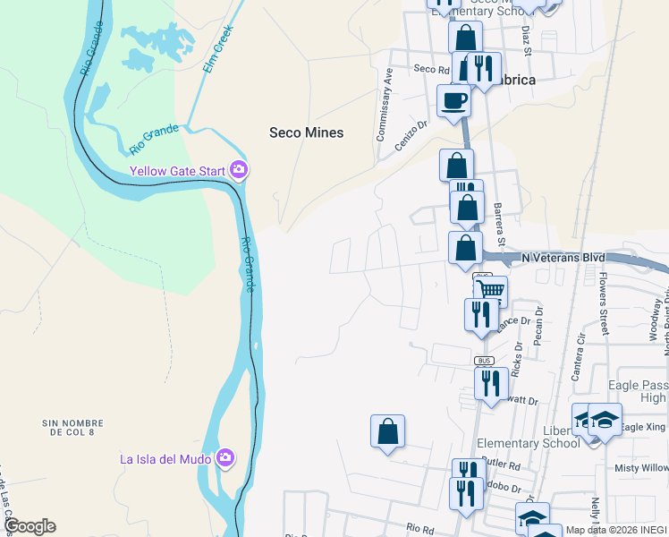 map of restaurants, bars, coffee shops, grocery stores, and more near 477 North Veterans Boulevard in Eagle Pass