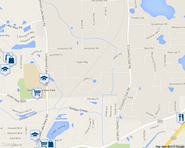 map of restaurants, bars, coffee shops, grocery stores, and more near 325 Leslie Lane in Lake Mary