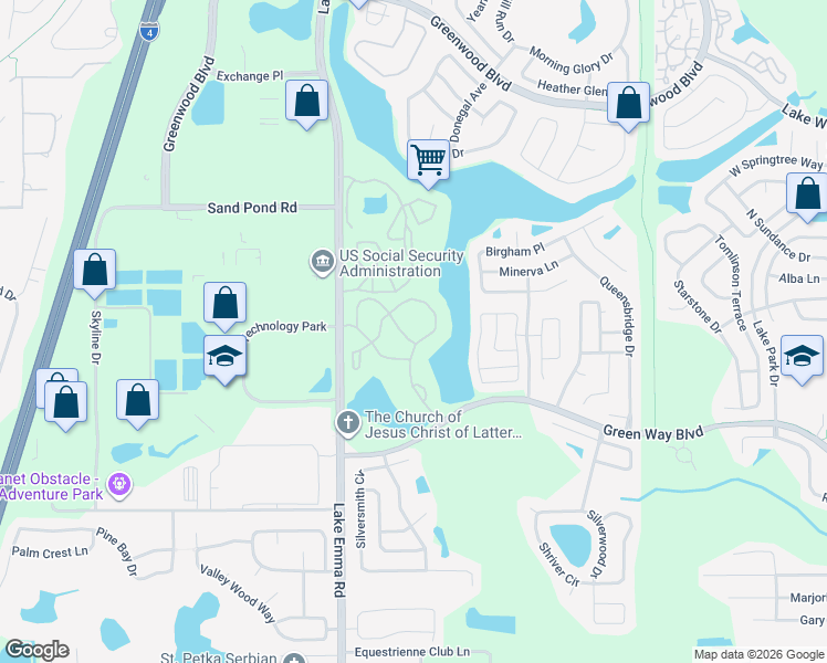 map of restaurants, bars, coffee shops, grocery stores, and more near 2580 Grassy Point Drive in Lake Mary