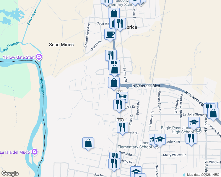 map of restaurants, bars, coffee shops, grocery stores, and more near 2305 Del Rio Blvd in Eagle Pass