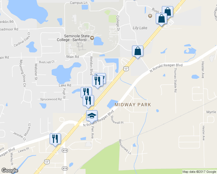 map of restaurants, bars, coffee shops, grocery stores, and more near 3950 U.S. 17 in Lake Mary