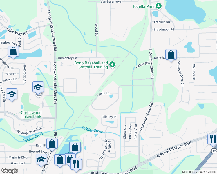 map of restaurants, bars, coffee shops, grocery stores, and more near 325 Leslie Lane in Lake Mary