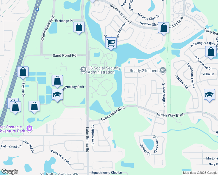 map of restaurants, bars, coffee shops, grocery stores, and more near 2580 Grassy Point Drive in Lake Mary