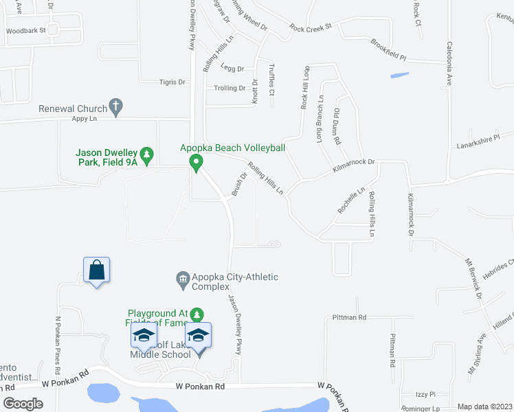 map of restaurants, bars, coffee shops, grocery stores, and more near Brush Road in Apopka