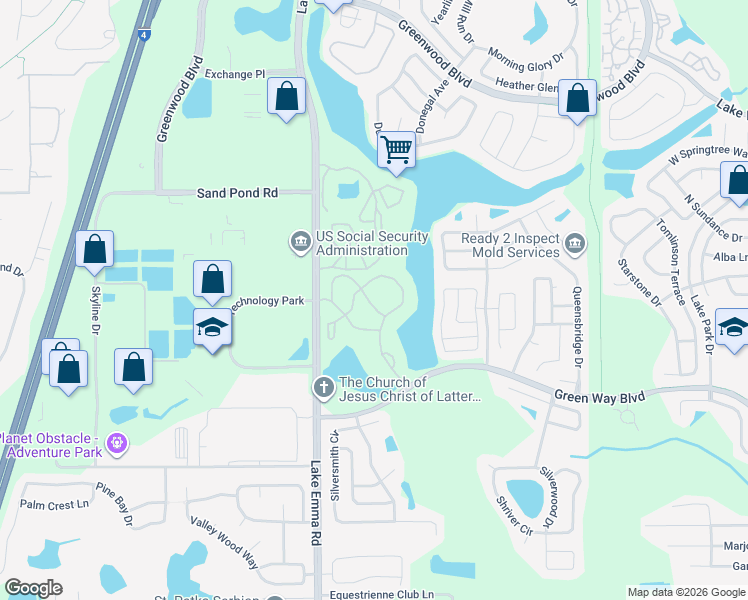 map of restaurants, bars, coffee shops, grocery stores, and more near 2580 Grassy Point Drive in Lake Mary