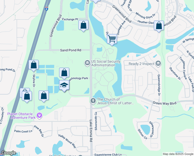 map of restaurants, bars, coffee shops, grocery stores, and more near 727 Sugar Bay Way in Lake Mary