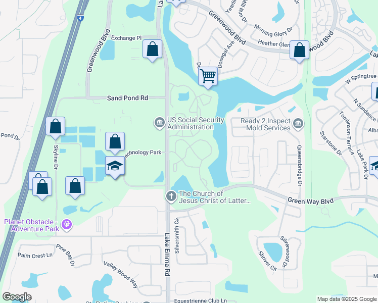 map of restaurants, bars, coffee shops, grocery stores, and more near 2592 Grassy Point Drive in Lake Mary