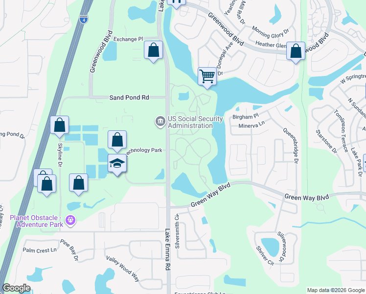 map of restaurants, bars, coffee shops, grocery stores, and more near 2593 Grassy Point Drive in Lake Mary