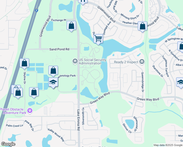 map of restaurants, bars, coffee shops, grocery stores, and more near 727 Sugar Bay Way in Lake Mary