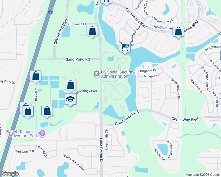 map of restaurants, bars, coffee shops, grocery stores, and more near 2593 Grassy Point Drive in Lake Mary
