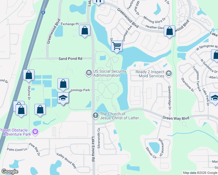 map of restaurants, bars, coffee shops, grocery stores, and more near 727 Sugar Bay Way in Lake Mary