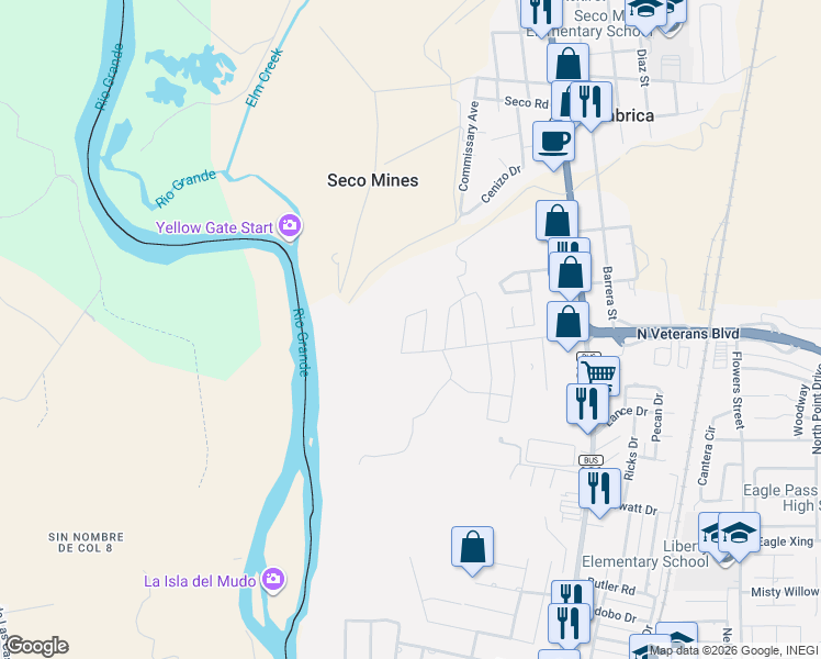 map of restaurants, bars, coffee shops, grocery stores, and more near 477 North Veterans Boulevard in Eagle Pass