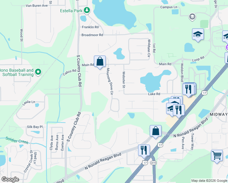 map of restaurants, bars, coffee shops, grocery stores, and more near 585 Mourning Dove Circle in Lake Mary