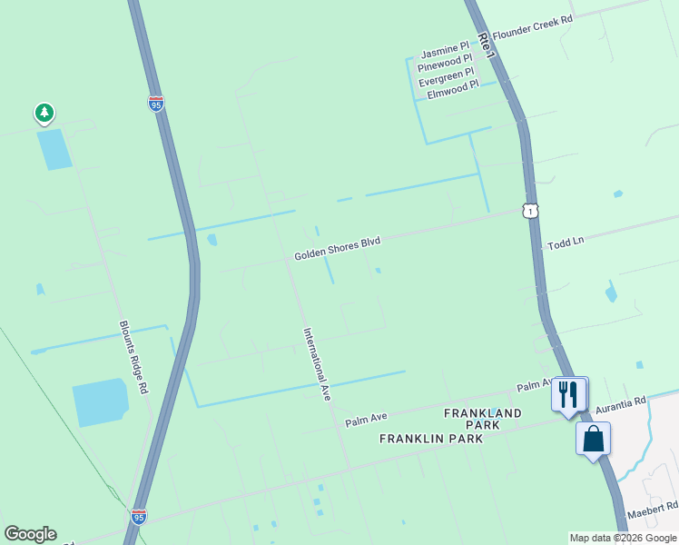map of restaurants, bars, coffee shops, grocery stores, and more near 4115 Golden Shores Boulevard in Mims
