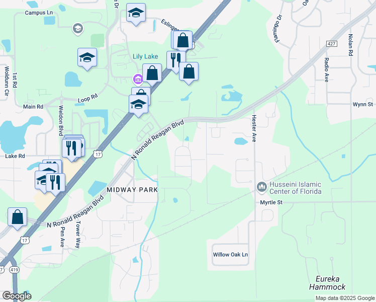 map of restaurants, bars, coffee shops, grocery stores, and more near 5137 North Ronald Reagan Boulevard in Sanford