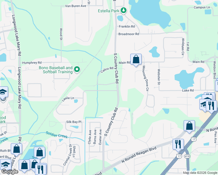 map of restaurants, bars, coffee shops, grocery stores, and more near 117 Wagon Wheel Way in Lake Mary