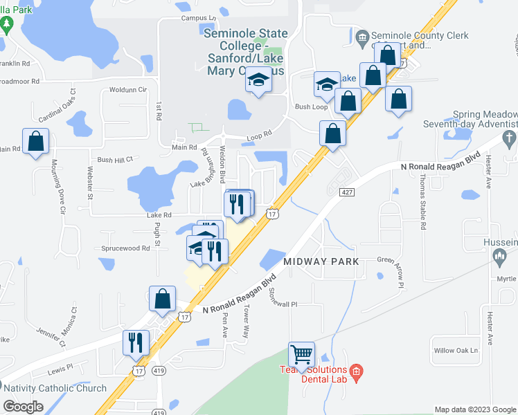 map of restaurants, bars, coffee shops, grocery stores, and more near 404 Canyon Stone Circle in Lake Mary