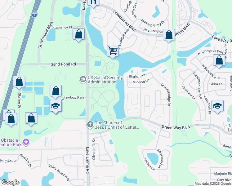 map of restaurants, bars, coffee shops, grocery stores, and more near 2580 Grassy Point Drive in Lake Mary