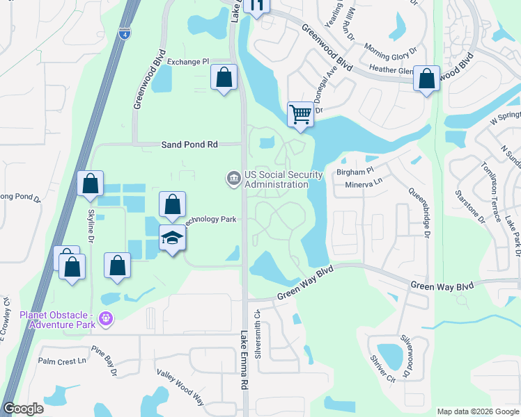 map of restaurants, bars, coffee shops, grocery stores, and more near 727 Sugar Bay Way in Lake Mary