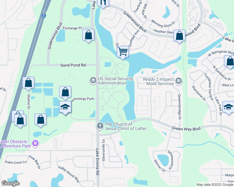 map of restaurants, bars, coffee shops, grocery stores, and more near 2584 Grassy Point Drive in Lake Mary