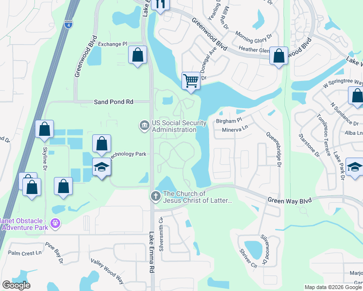 map of restaurants, bars, coffee shops, grocery stores, and more near 2580 Grassy Point Drive in Lake Mary