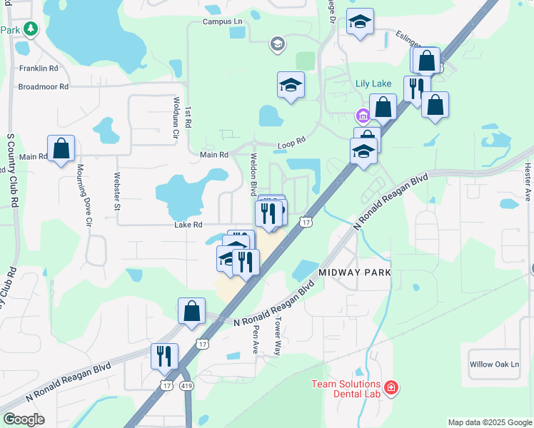 map of restaurants, bars, coffee shops, grocery stores, and more near 360 Canyon Stone Circle in Lake Mary
