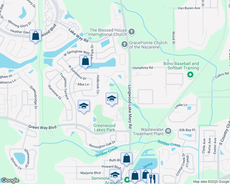 map of restaurants, bars, coffee shops, grocery stores, and more near 655 Longwood Lake Mary Road in Lake Mary