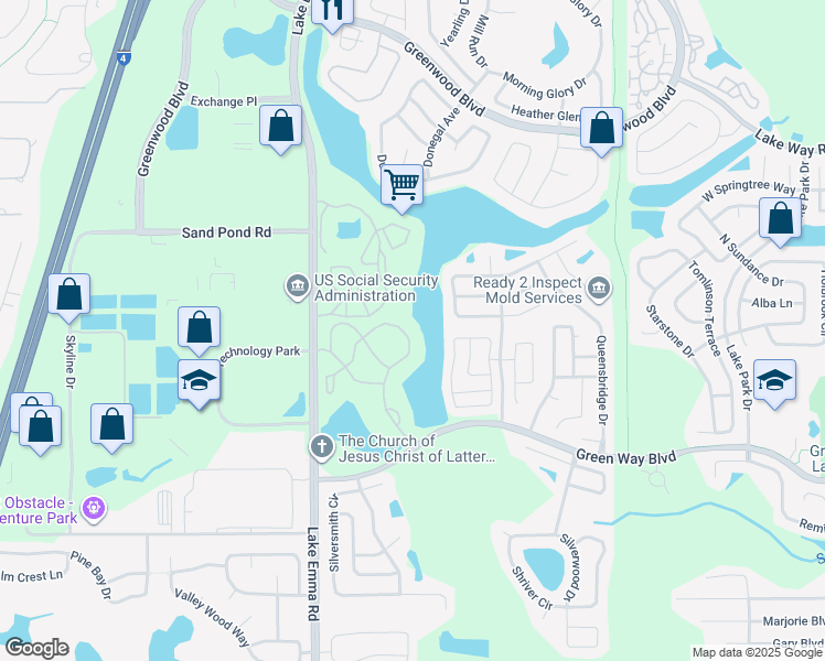 map of restaurants, bars, coffee shops, grocery stores, and more near 2569 Grassy Point Drive in Lake Mary