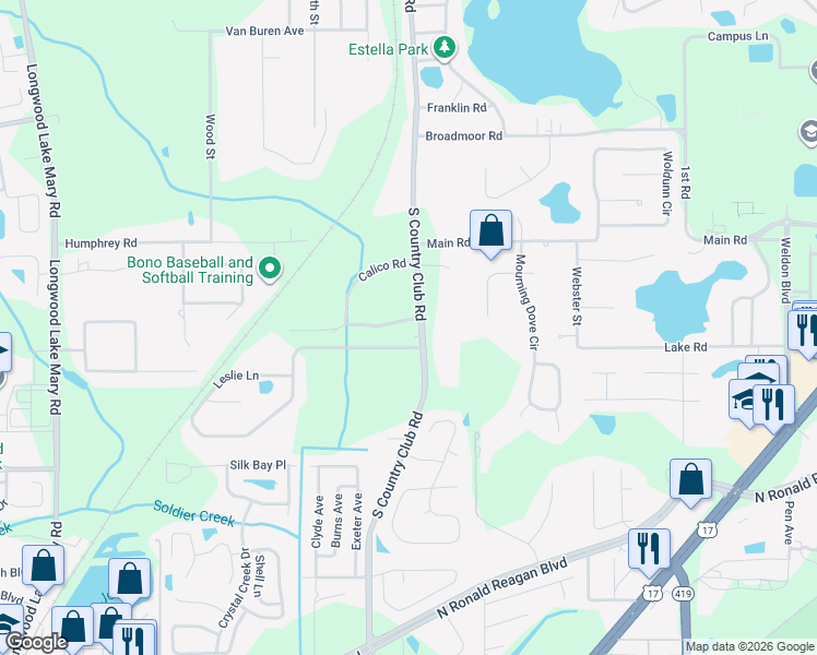 map of restaurants, bars, coffee shops, grocery stores, and more near 117 Wagon Wheel Way in Lake Mary