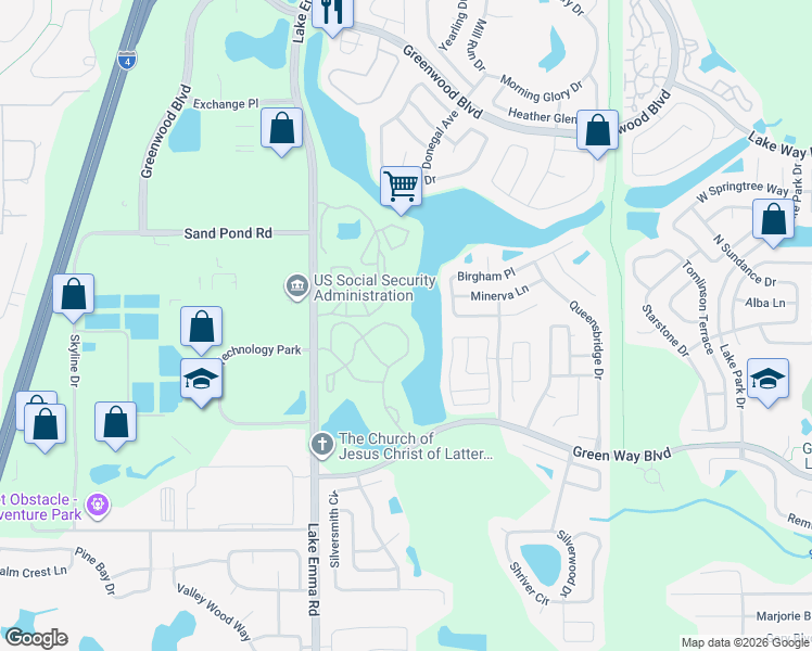 map of restaurants, bars, coffee shops, grocery stores, and more near 2580 Grassy Point Drive in Lake Mary