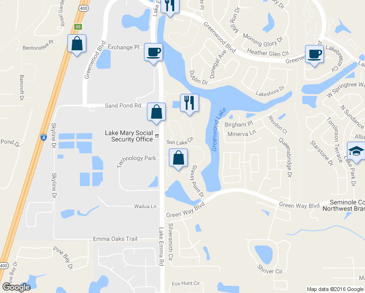 map of restaurants, bars, coffee shops, grocery stores, and more near 2585 Grassy Point Drive in Lake Mary