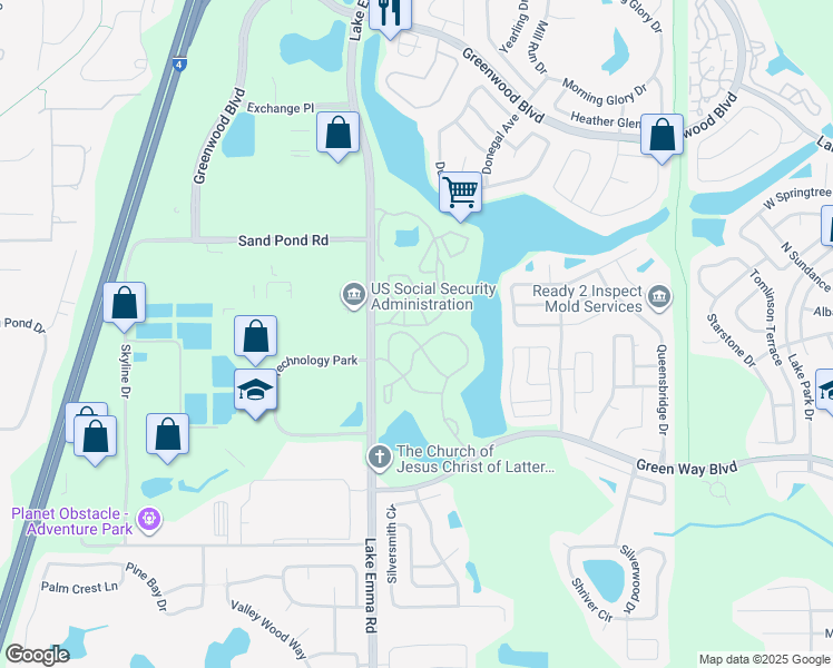 map of restaurants, bars, coffee shops, grocery stores, and more near 727 Sugar Bay Way in Lake Mary